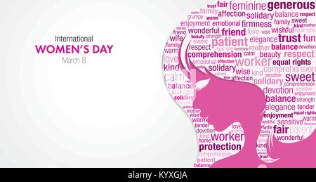 International Women's Day title with a silhouette of a woman's face and a cloud of words inside the silhouette in pink and violet colors on a white ba Stock Vector