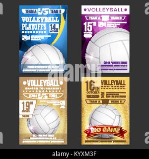 Volleyball Poster Set Vector. Design For Sport Bar Promotion. Volleyball Ball. Vertical Modern Tournament. Sport Event Announcement. Banner Advertising. Template Illustration Stock Vector