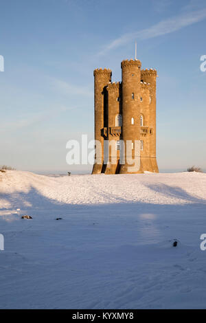 Broadway Tower in winter snow, Broadway, The Cotswolds, Worcestershire, England, United Kingdom, Europe Stock Photo