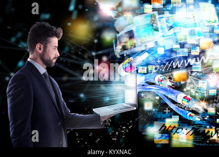 Connected businessman with optical fiber. concept of fast internet sharing Stock Photo