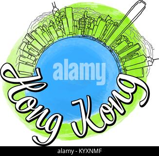 Hong Kong travel logo. Colored skyline vector sketch with typo. Stock Vector