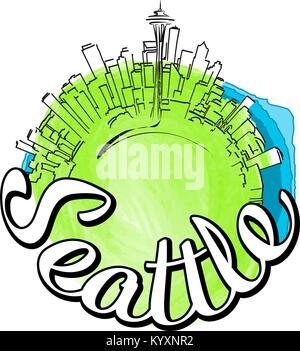 Seattle travel logo sketch. Colored skyline vector illustration with watercolor background and typo. Stock Vector