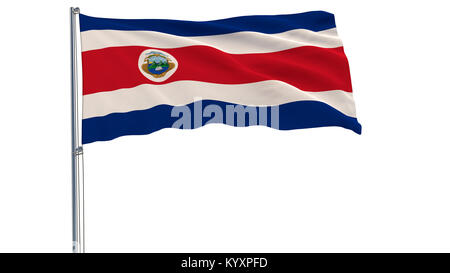 Flag of Costa Rica on a flagpole fluttering in the wind on a white background, 3d rendering Stock Photo