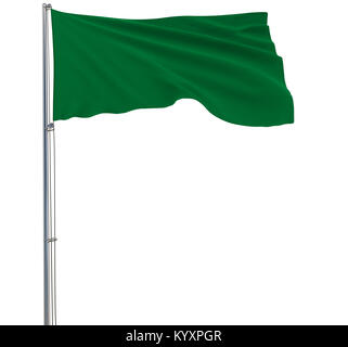 Isolate green flag on a flagpole fluttering in the wind on a white background, 3d rendering Stock Photo