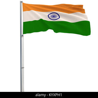 Isolate flag of India on a flagpole fluttering in the wind on a white background, 3d rendering Stock Photo