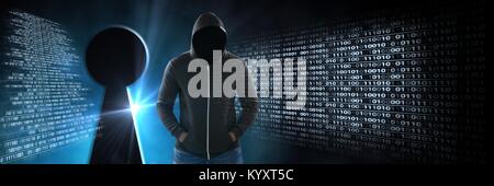 Anonymous hacker with computer code binary interface and keyhole Stock Photo