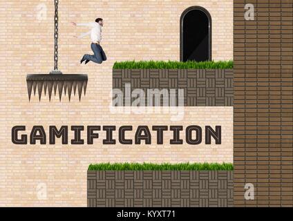 Gamification text and Man jumping in Computer Game Level and traps Stock Photo