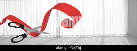Scissors cutting ribbon with office window Stock Photo