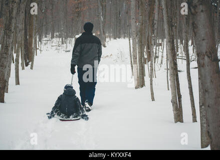 Rear view of father tobogganing son on snowy field Stock Photo