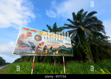 Welcome to Labuk Bay sign, the Proboscis Monkey Sanctuary near Sandakan, Borneo, Sabah, Malaysia Stock Photo