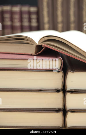 Extreme close-up of stack of old books Stock Photo