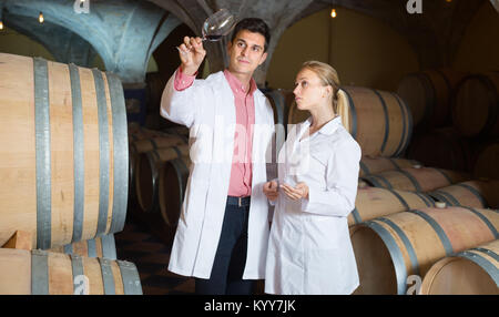 Two concentrated wine house workers checking quality of product in cellar Stock Photo