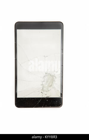 Close-up view of Shattered smartphone screen on white background with copy space Stock Photo