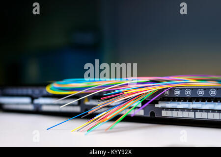 Fibre optic cables on top of patch distribution panel shelf for enterprise networking Stock Photo