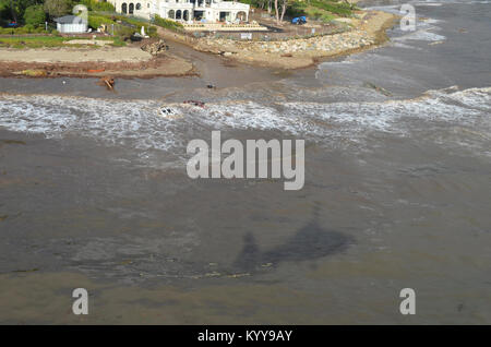 Homes and streets of a neighborhood affected by the Santa Barbara County mudslides in Santa Barbara, California are shown, Jan. 9, 2018, from the perspective of a Coast Guard MH-65 Dolphin helicopter crew involved in rescuing injured and stranded victims. Coast Guard helicopters were dispatched from Los Angeles-Long Beach and San Diego to assist local first responders with rescue efforts. (U.S. Coast Guard Stock Photo