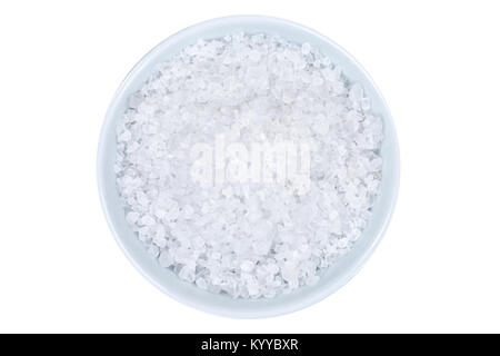 Sea salt crystals from above bowl isolated on a white background Stock Photo