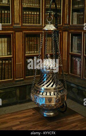The Botafumeiro, smoke expeller in Galician, is a famous thurible found in the Santiago de Compostela Cathedral. Incense is burned in this swinging me Stock Photo