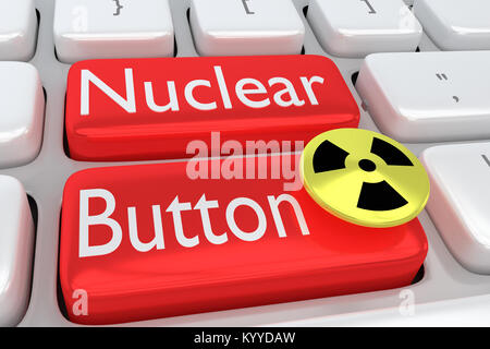 Red nuclear alert button and sign for danger isolated on white ...