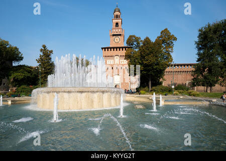 Italy, Lombardy, Milan, Piazza Castello. The fountains outside the main entrance to the Filarete tower, Sforza castle Stock Photo