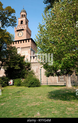 Italy, Lombardy, Milan, Piazza Castello. The Filarete tower, Sforza castle (Castello Sforzesco) Stock Photo