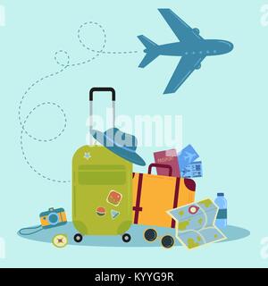 Set of travel icons and images. Suitcase, tickets, etc Stock Vector