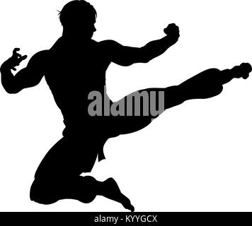 Karate Kung Fu Flying Kick Man Silhouette Stock Vector