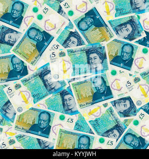 British five 5 pound notes sterling overhead view - new design 2017 Stock Photo