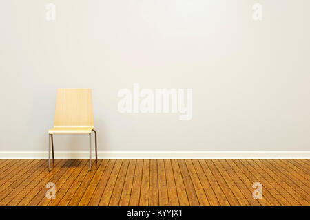 Large blank wall in an empty room with a wooden floor and basic chair Stock Photo