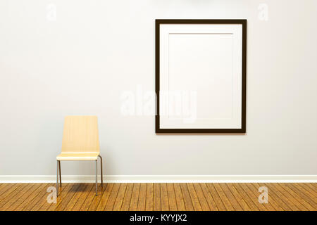 Large blank vertical picture frame on a wall in an empty room or art gallery with a wooden floor and basic chair Stock Photo