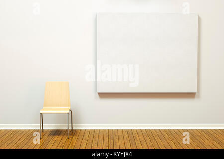 Large blank canvas block picture frame on a wall in an empty room or art gallery with a wooden floor and basic chair Stock Photo