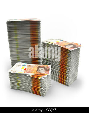 Stacks of ten 10 pound notes Sterling on a white background illustrating saving or debt - new design 2017 Stock Photo