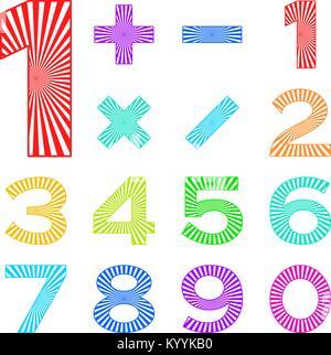 Signs of numbers and mathematical signs decorated with radial rays. Vector Stock Vector