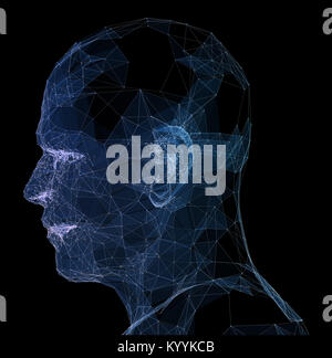 Abstract glowing polygonal head background with neurons. Artificial intelligence and network concept. 3D Rendering Stock Photo