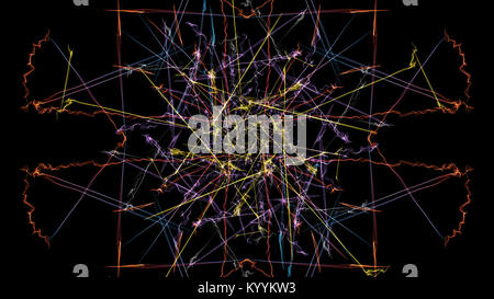 Abstract artwork. Colorful lines with particles on black background. Silk symmetry series. Stock Photo