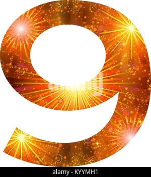 Mathematical sign, number nine, stylized gold and orange holiday firework with stars and flares, element for web design. Eps10, contains transparencie Stock Vector
