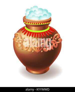 clay pot filled with rice isolated on white background, decorative vector illustration Stock Vector