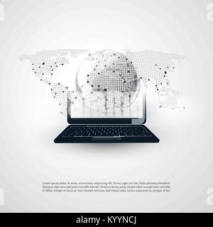Abstract Cloud Computing, Global Networks Concept Design with Laptop, Wireless Mobile Device, Earth Globe and Transparent Spotted World Map - Vector Stock Vector