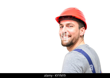 isolated craftsman construction worker assembler workmen - friendly worker in working clothes on white background Stock Photo