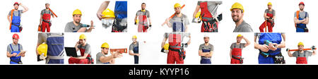 collage with craftsman construction worker monteur - friendly worker in work clothes on white background Stock Photo