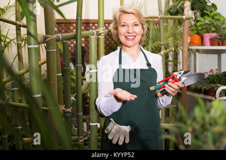 Joyful smiling elderly female florist with tools in hands among green plants in floral shop Stock Photo