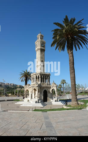 Izmir, Turkey - April 22, 2012: Saat Kulesi (Clock Tower) in the central square of Konak in Izmir in the morning, Turkey. Saat Kulesi (Izmir Clock Tow Stock Photo