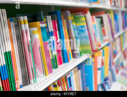 School notebooks on shelf in bookstore. Stock Photo