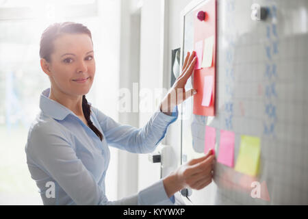 Portrait of beautiful young businesswoman reviewing sticky notes in office Stock Photo