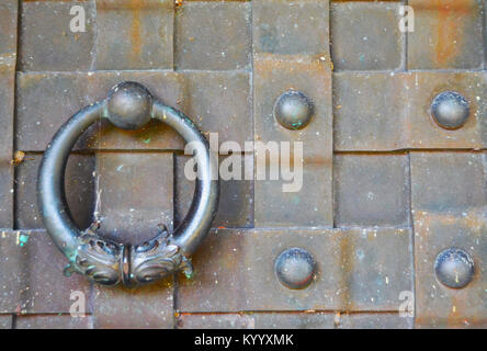 Metal Door Knocker on Old Fashion Antique Wood Metal Door Room for Copy Stock Photo