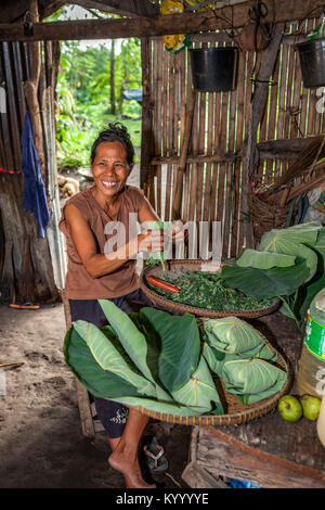 A Filipino woman prepares a meal of taro leaves in her 'dirty' kitchen, which is a kitchen outside the main house, it's not really dirty. Stock Photo