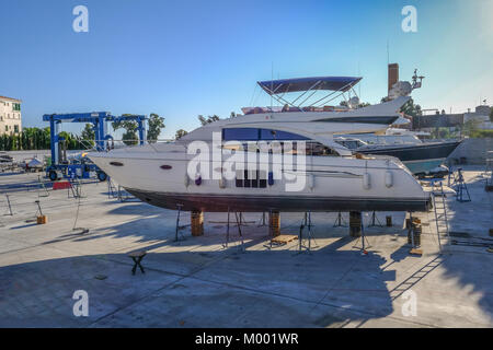 Limassol, Cyprus - September 29, 2017:  Cruise speed boat in dry dock. Stock Photo