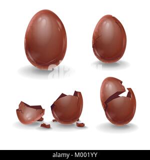 Broken eggs. Cracked open eggshell. Easter 3d realistic icons set isolated on white background vector illustration. Stock Vector