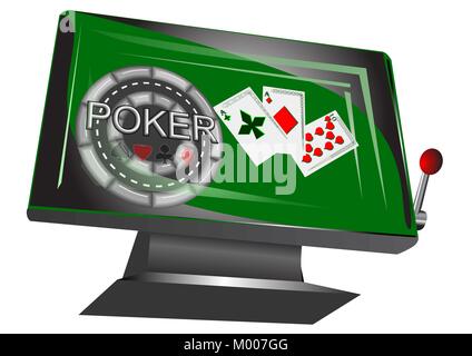 online gambling symbol, monitor with play card and chip Stock Vector
