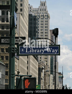 Blue Library Way and Fifth Avenue historic sign in midtown Manhattan in ...
