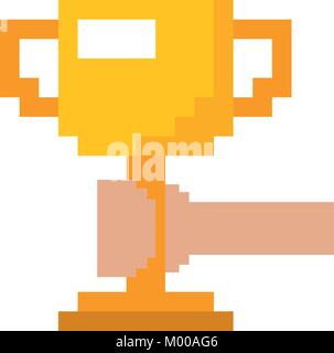 pixelated hand holding trophy cup game Stock Vector